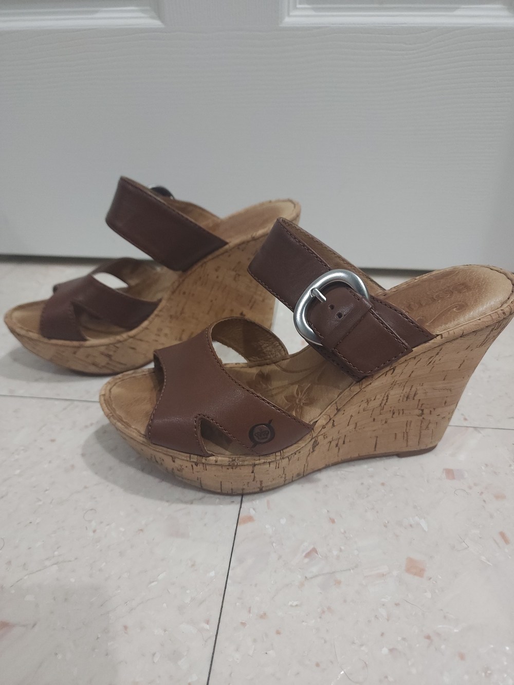 Born Brown Leather Cork Wedge Sandals